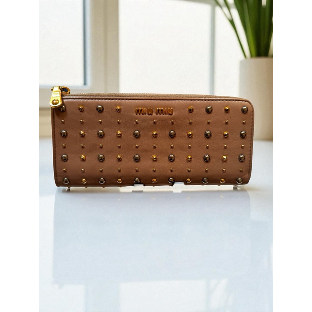 Miu Miu Wallet Light Brown Leather Studded Long Zip Wallet